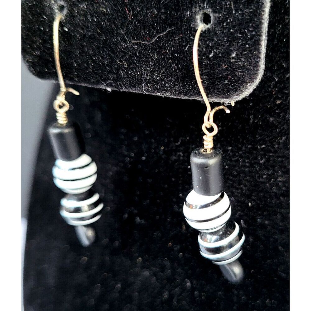 Black anad White Beaded Dangle Drop Earrings Artisan Made with French Wire 2 in
